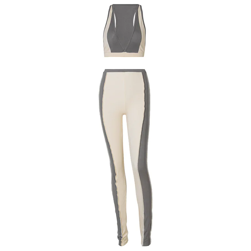 

Donsignet 2021 Summer Women's New Pit Stitching V-neck Sports Sexy Suit Women Conjunto Feminino Women Crop Top Two Piece Outfits