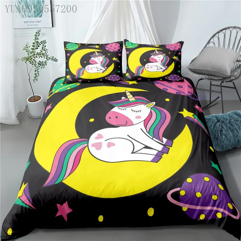 

Boys Girls Cartoon Bedding Set Kids Unicorn Moon Planet Stars Printed Duvet Cover with Pillowcases Twin Single Queen Size
