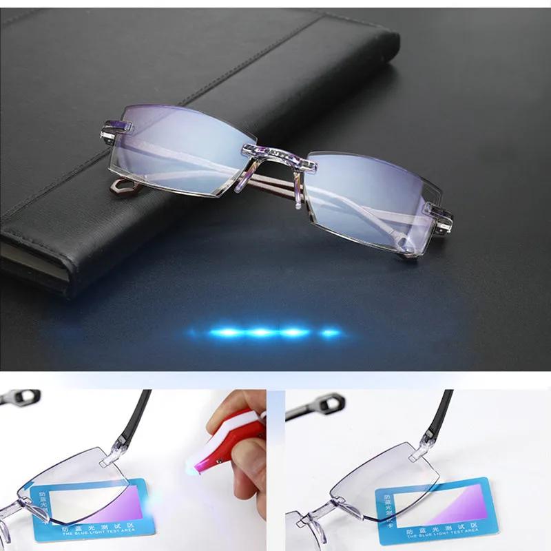 

Men Women Rimless Reading Glasses Bifocal Far Near Anti Blue Light Magnification Eyewear Presbyopic Glasses Diopter +150 +200