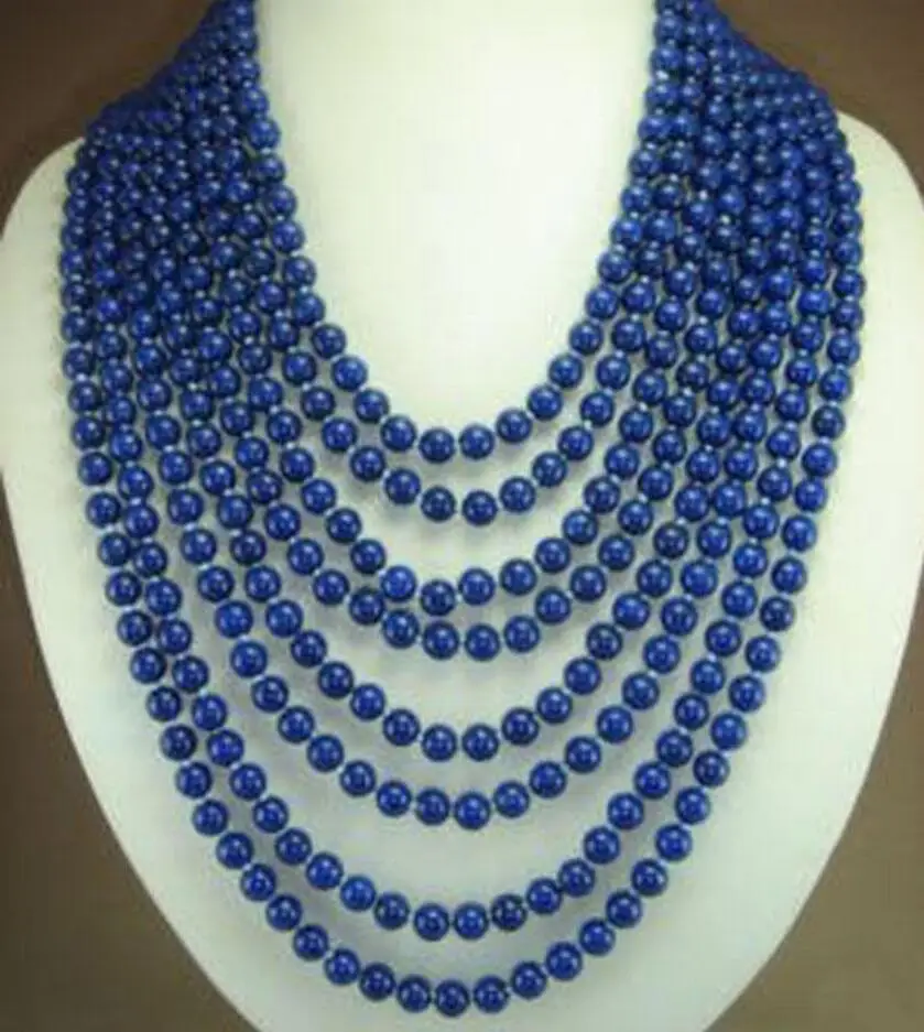 Бесплатная доставка бриллиантовое ожерелье 8 рядов 6 мм с синими бусинами из