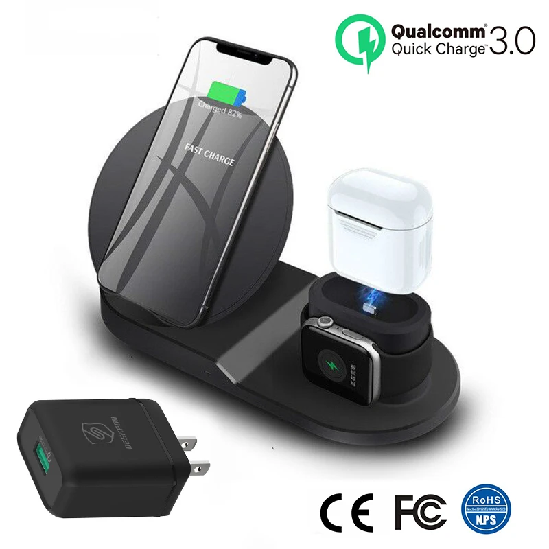 US Plug QC3.0 Яркие 3 в 1 Беспроводной телефон Зарядное устройство настольная подставка быстрой зарядки док-станция для AirPods pro Apple Watch 4/3/2/1 iPhone X 8 XS 11 - Цвет: US Plug QC3.0