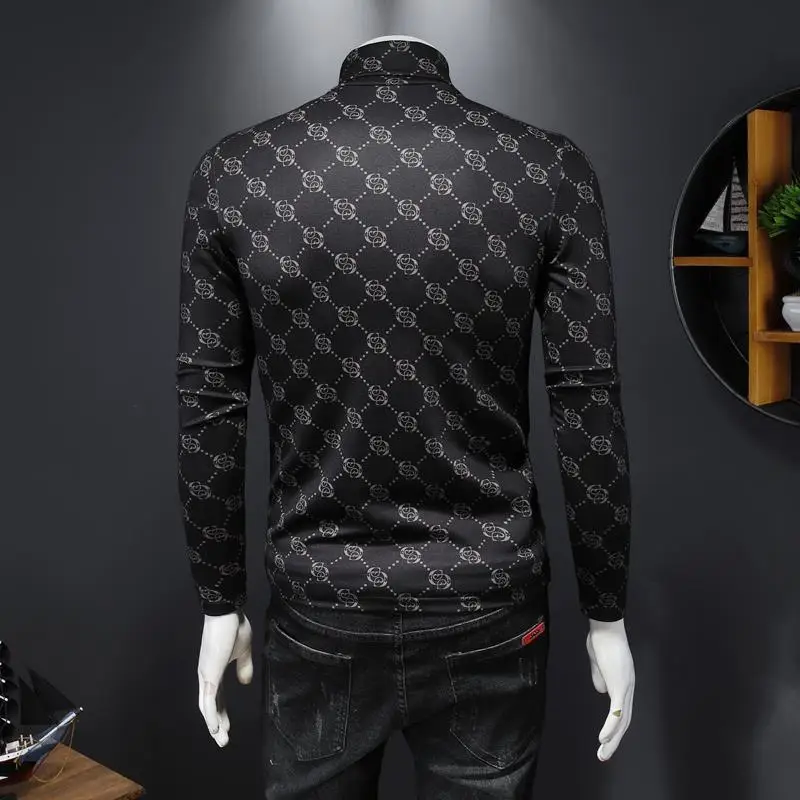 

Printed high collar bottomed shirt for men's spring and Autumn New Plush thickened slim long sleeve T-shirt