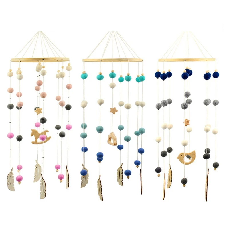 

Baby Wool Balls Bed Bell Crib Mobile Rattle Toy Wooden Trojan Horse Clouds Birds Pendants Wind Chime Kids Room Decor