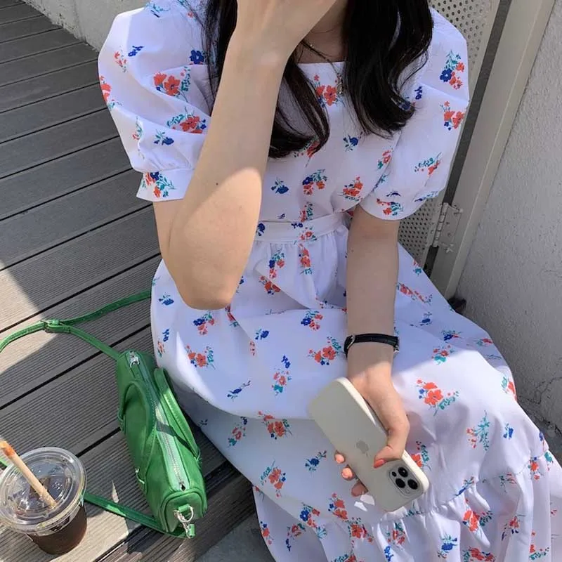 Vestido de verano de una pieza con manga abombada, estampado de volantes, Coreano elegante, suelto e informal, francés, 2021