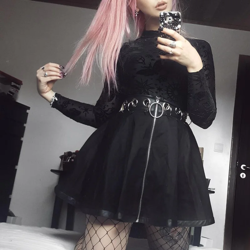 

Harajuku Hip Hop Women Black Mini Skirts Gothic Punk Ring Zipper High Waist Female Streetwear Skirts Fashion Party A-line Skirt