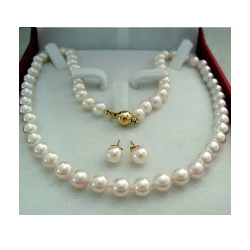

Fashion 8-9mm Natural White Akoya Cultured Pearl necklace earrings set AAA