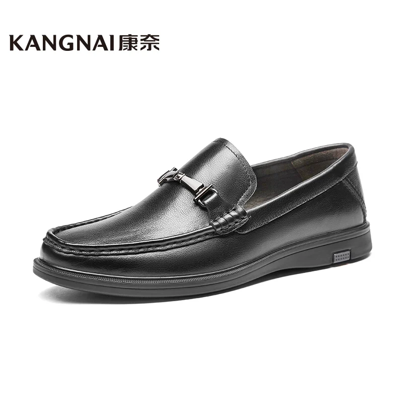

KANGNAI Loafers Men Shoes Genuine Cow Leather Horsebit Round Toe Black Flats Moccasins Male Business Casual Slip-On