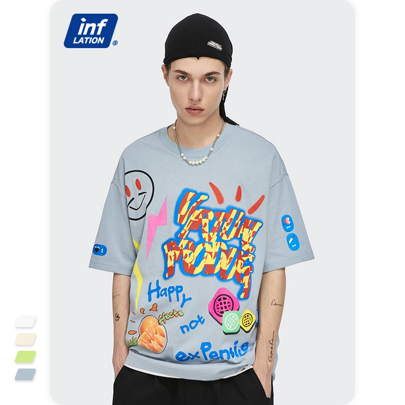 INFLATION Men Graffiti Printing Funny Tshirt Streetwear 2021 Trending Oversized Hip Hop T-shirts For Boy Tees 5158S21