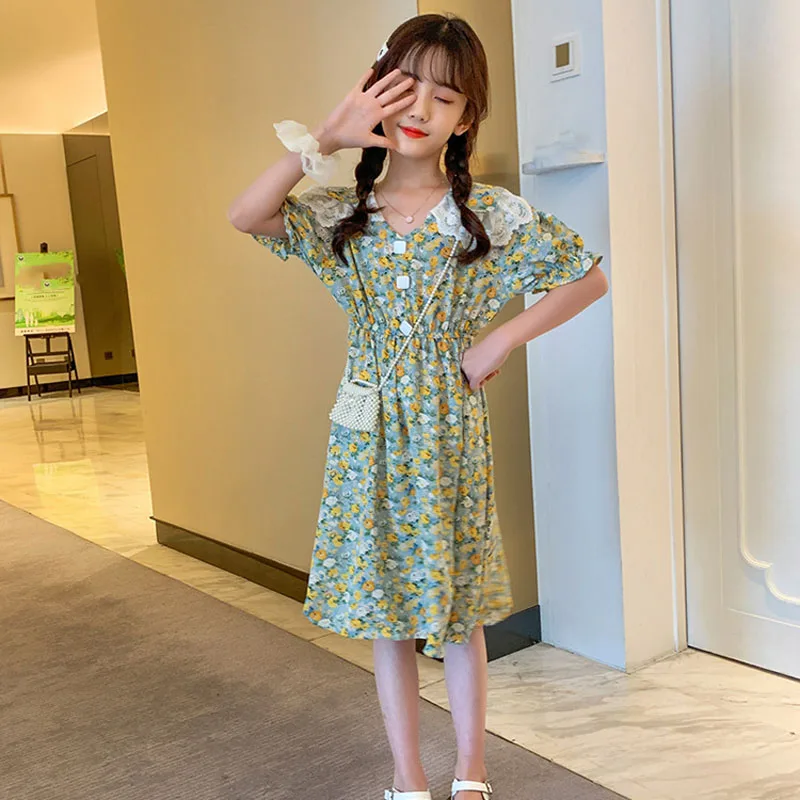 Летнее платье для девочек новинка 2021 длинное Цветочное в пасторальном стиле с