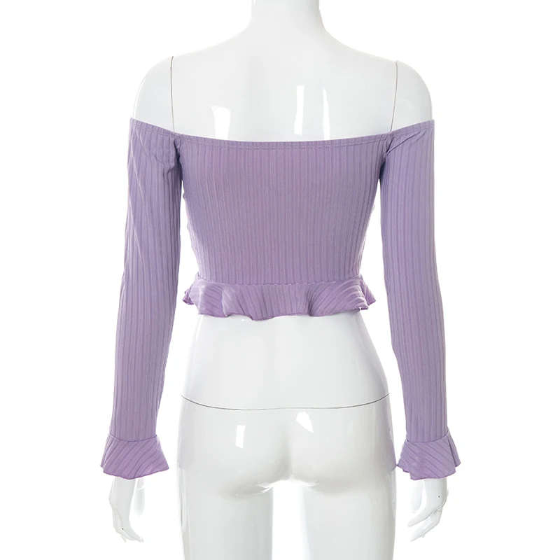 

Bomblook Casual Fashion Women's Solid Y2K Tops Summer 2021 Slash Neck Off Shoulder Flare Sleeve Crop Tops Female Streetwears