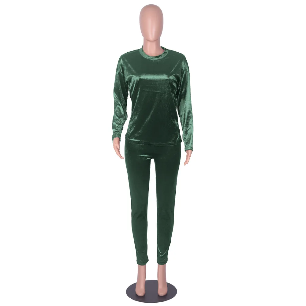

Solid Velour Sweatsuit Home Suit for Women Fashion Long Sleeve Velvet Pullover Tshirt and Skinny Pencil Pant Fall Winter Clothes