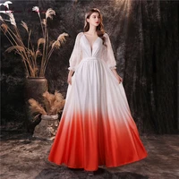 women vestido gradient red chiffon applique evening gown puff sleeve deep v neck illusion a line 2020 formal long party dresses