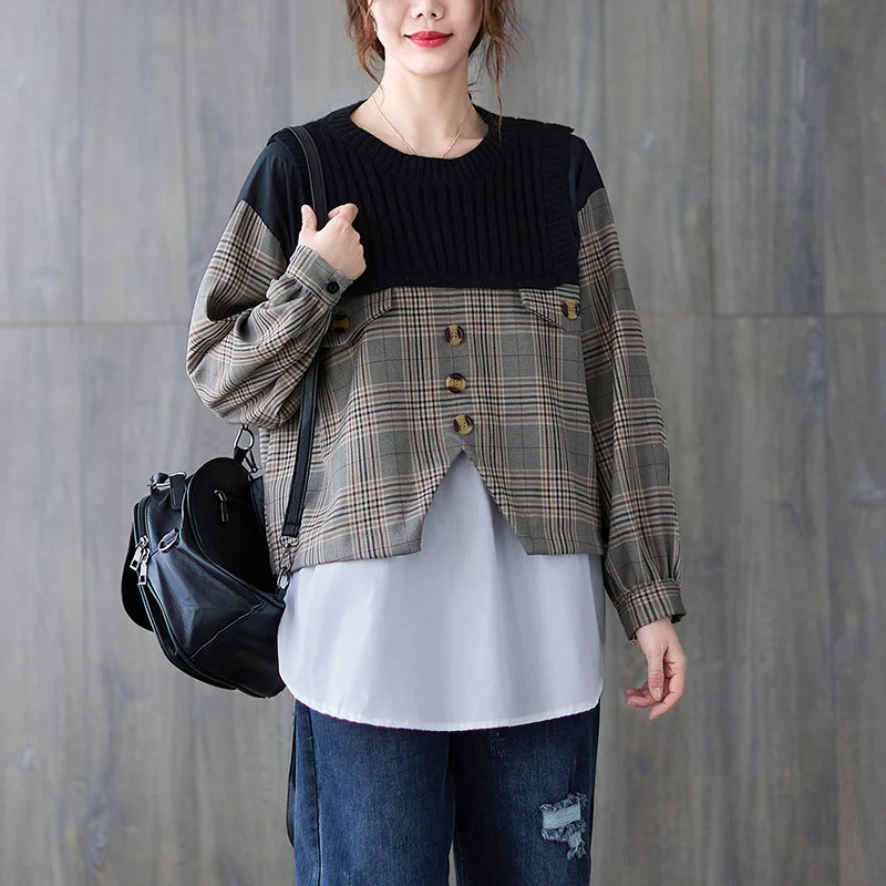 

VANOVICH Korean Japan Style Knitted Stitching Literary Loose Shirt 2021 Autumn and Winter New Plaid Shirt