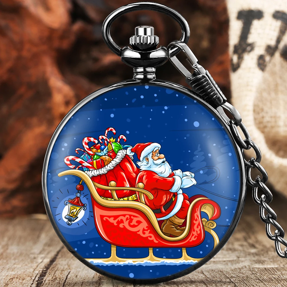 Santa Theme 2021 Pocket Watch Women's Cute Quartz Pocket Clock Men's Alloy Pendant Necklace Exquisite Gifts Box for Son Child