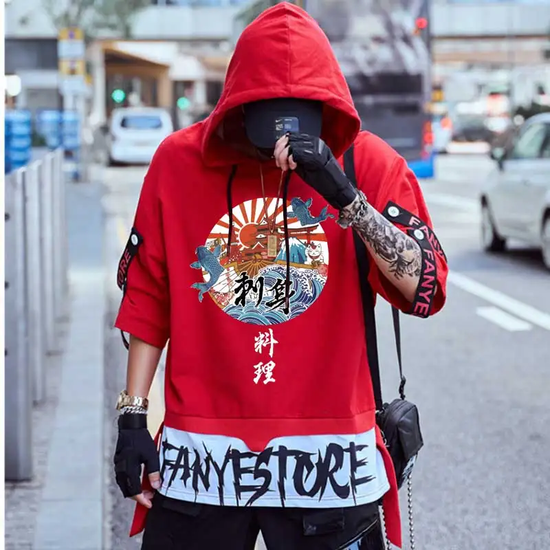 

Japanese Cat Ukiyo Ribbon T Shirts Hooded tshirts Short Sleeve Oversize top tee Streetwear wholesale hip hop Casual men clothes