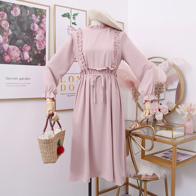 SINGRAIN осеннее женское однотонное шифоновое платье с длинными расклешенными