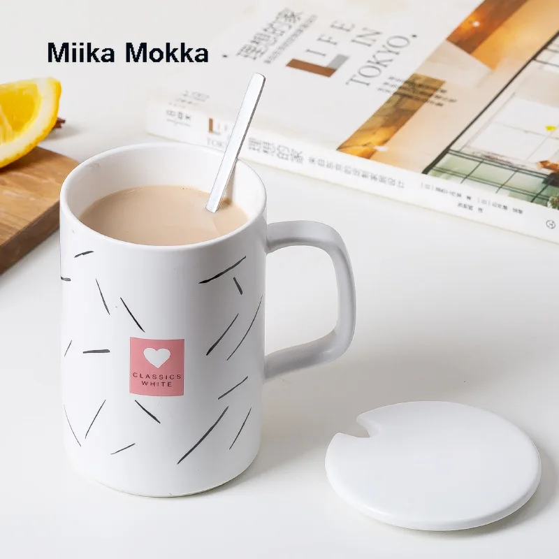 

Креативная кофейная чашка в форме сердца с крышкой и ложкой, мультяшная Милая керамическая кружка, молочная чашка, простая белая, розовая ко...