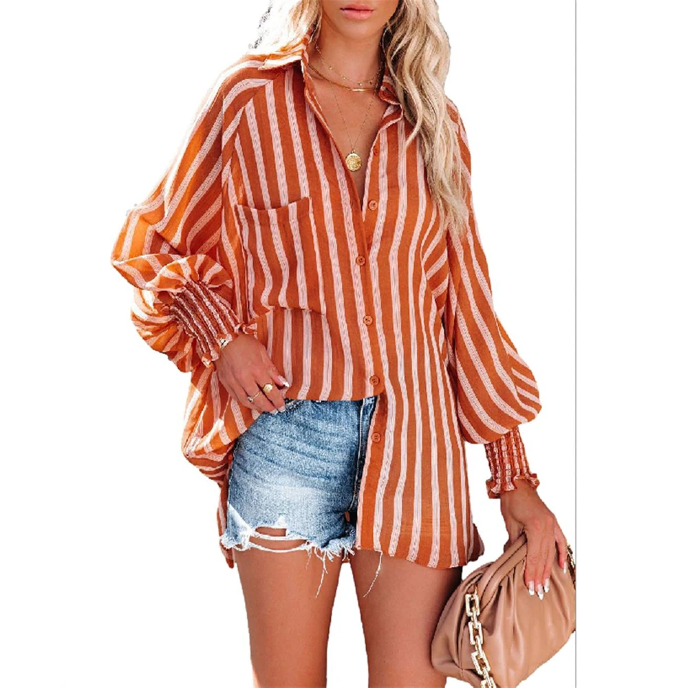 

Fashion Clothes Women Lantern Sleeve Striped Shirt Temperament Cardigan Tops Casual Loose Button Blouse Commute Retro T-Shirt