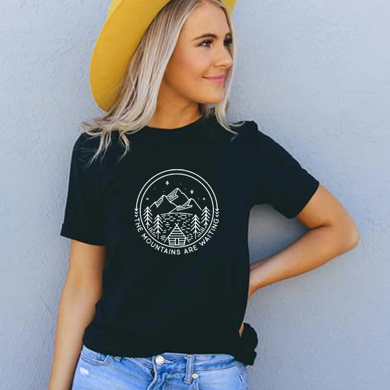 

The Mountains Are Waiting Camping Tshirt Cotton Plus Size T Shirts Ladies Plus Size Summer Fashion Womens Clothing Dropshipping