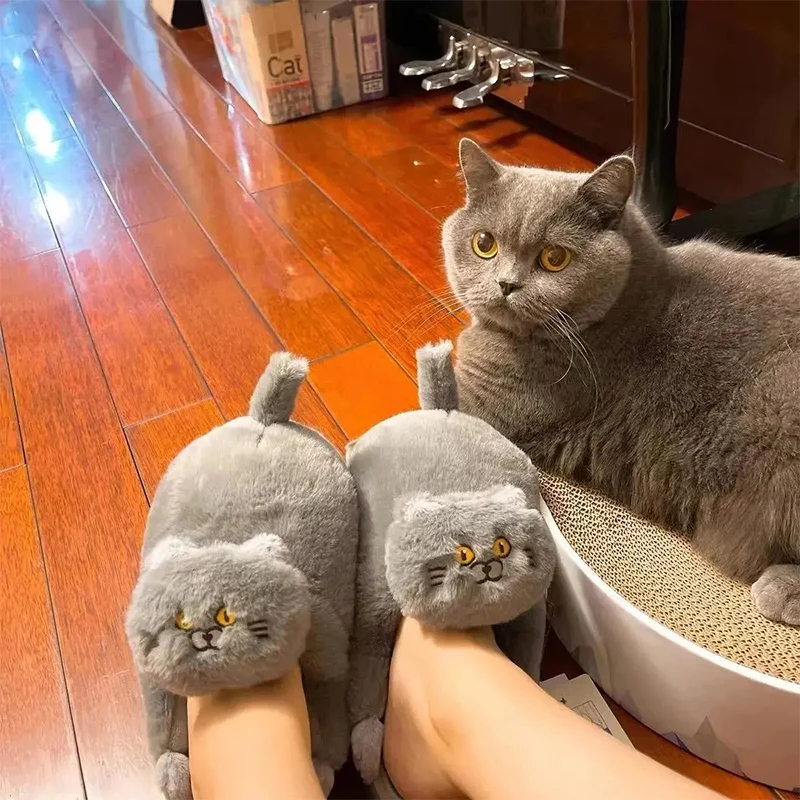 

Cartoon Hug Cat Slipper for Female Winter Cute 3D Simulation Blue Cat Indoor Slippers Women House Floor Cute Plush Shoes Flips