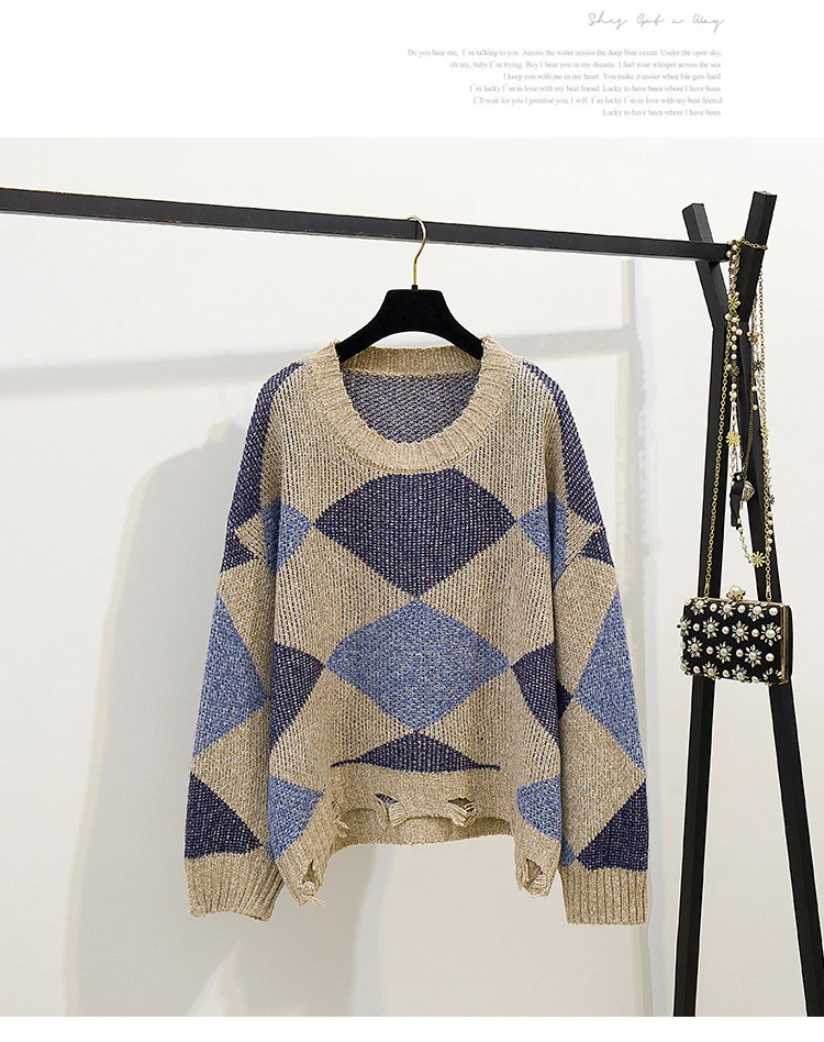 Вязаный клетчатый свободный джемпер с длинным рукавом свитера топы + твидовые