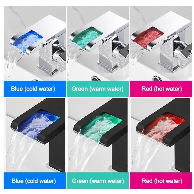 

LED Waterfall Bathroom Basin Faucet Temperature Colors Change Black Bathroom Faucet For Deck Mounted Wash Sink