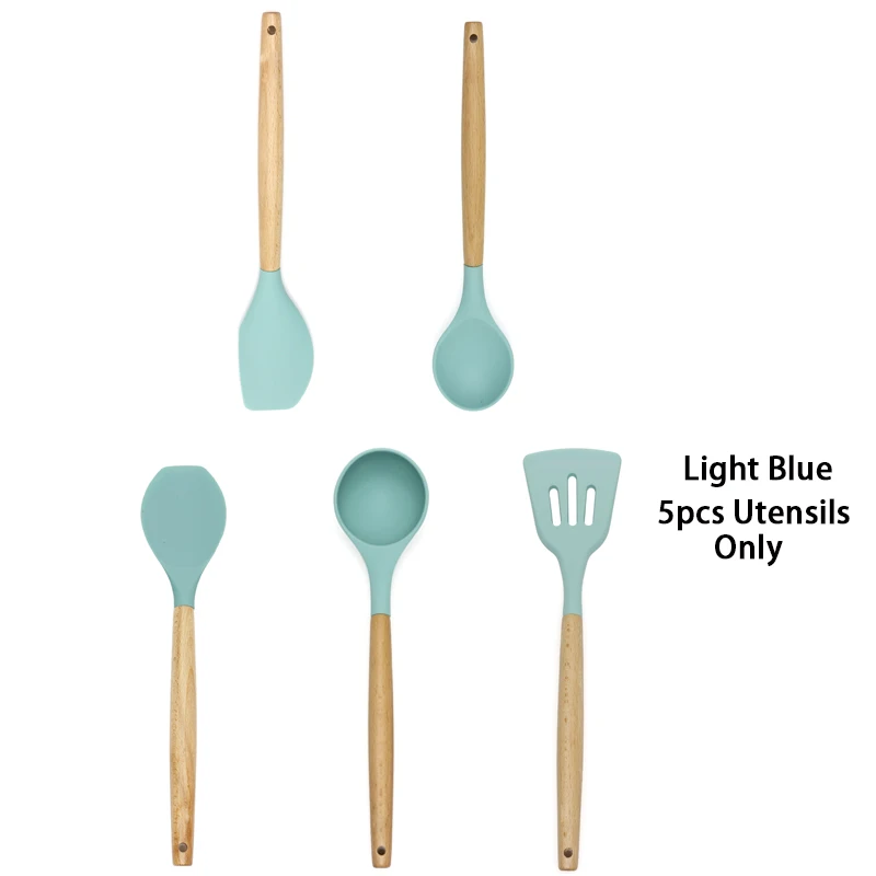 5 pcs blue HIKUUI Набор посуды набор кухонной посуды из пищевого силикона с деревянной ручкой кухонные инструменты лопатка Тернер ковш кухонные принадлежности - Цвет: 5 pcs blue