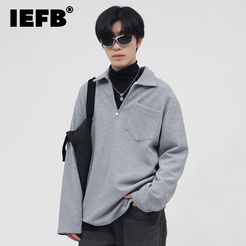 

Мужская одежда IEFB, корейский тренд, однотонный пуловер на молнии, топы, свободная толстовка с отворотом, Осень-зима 2021, новая одежда