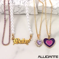 multilayer baby letter imitation pearl beaded necklaces for women purple heart crystal tennis chain pendant necklace new jewelry