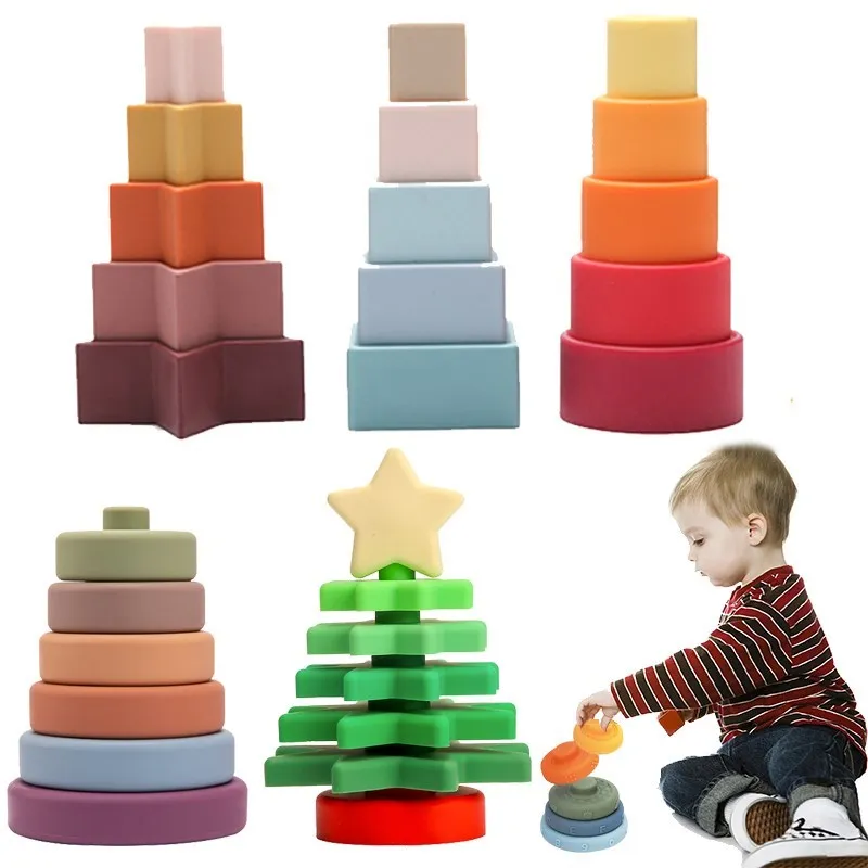 

1 Набор силиконовых блоков для прорезывания зубов для детей, круглая игрушка для укладки, конструкция без бисфенола, Монтессори, обучающие и...