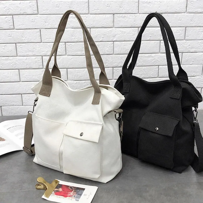

Women Casual Large Capacity Shopping Bags Solid Color Canvas Retro Ladies Portable Eco Tote Bags