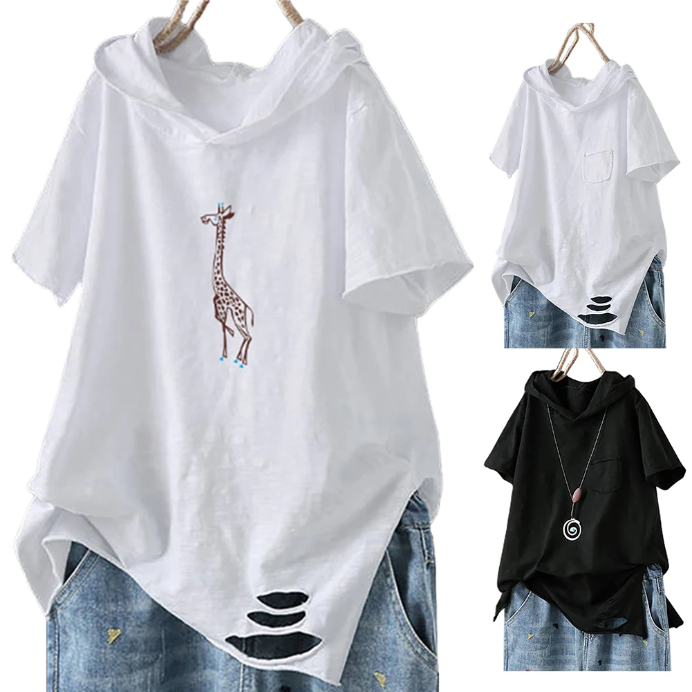 Hoodie women Street wear Casual Solid Color Short Sleeve Ripped Giraffe Print Loose Hoodie sweetshirts oversized fashion