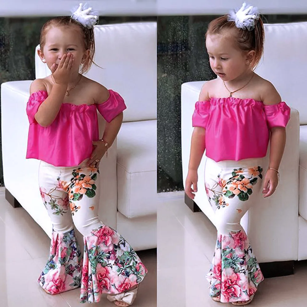 

2Pcs Toddler Baby Kids Girls Clothing Ruffle Off Shoulder Tops+Floral Flare Long Pants Set Baby Girl Clothes Outfits Set 12M-4Y