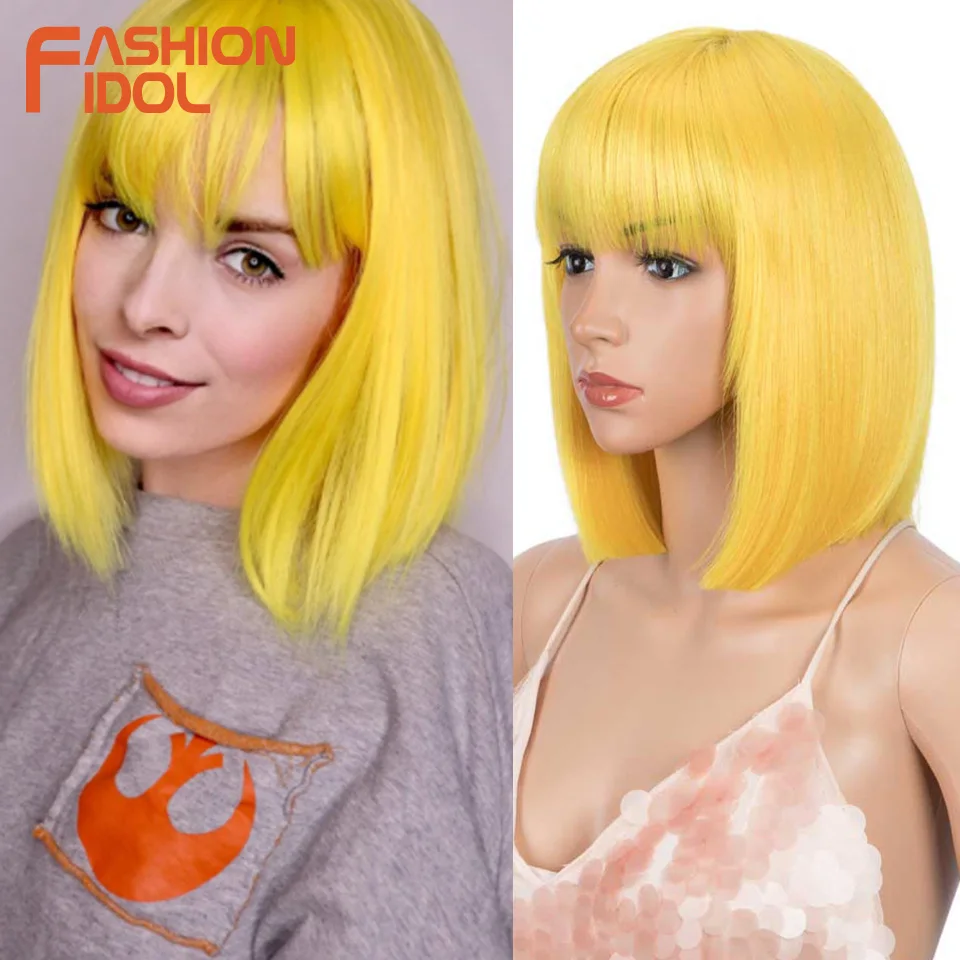 

FASHION IDOL Short Straight Bob Wigs with Bangs for Women Ombre Blonde Pink Purple Green Brown Natural Hairline Synthetic Wigs