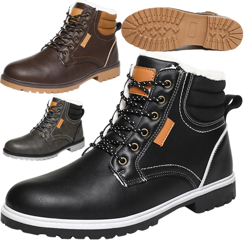 Holfredterse Outdoors Snow Boots Men Leather Winter Waterproof Ankle Rubber Boots High Top Plus Size 39-46 Black/Brown/Grey S008