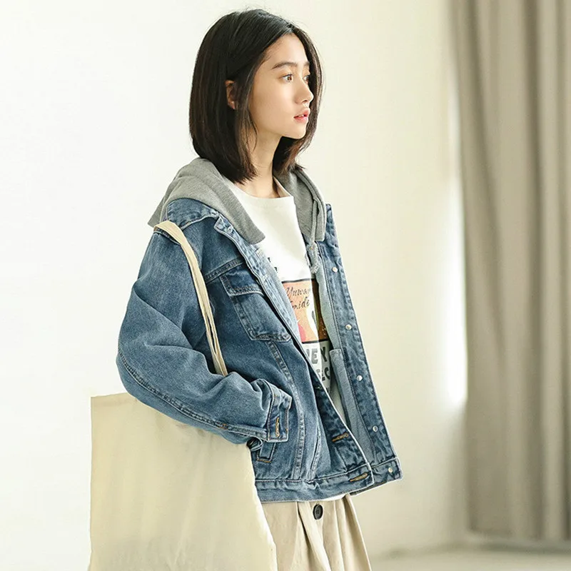 Женская джинсовая куртка с капюшоном винтажная Свободная в Корейском стиле
