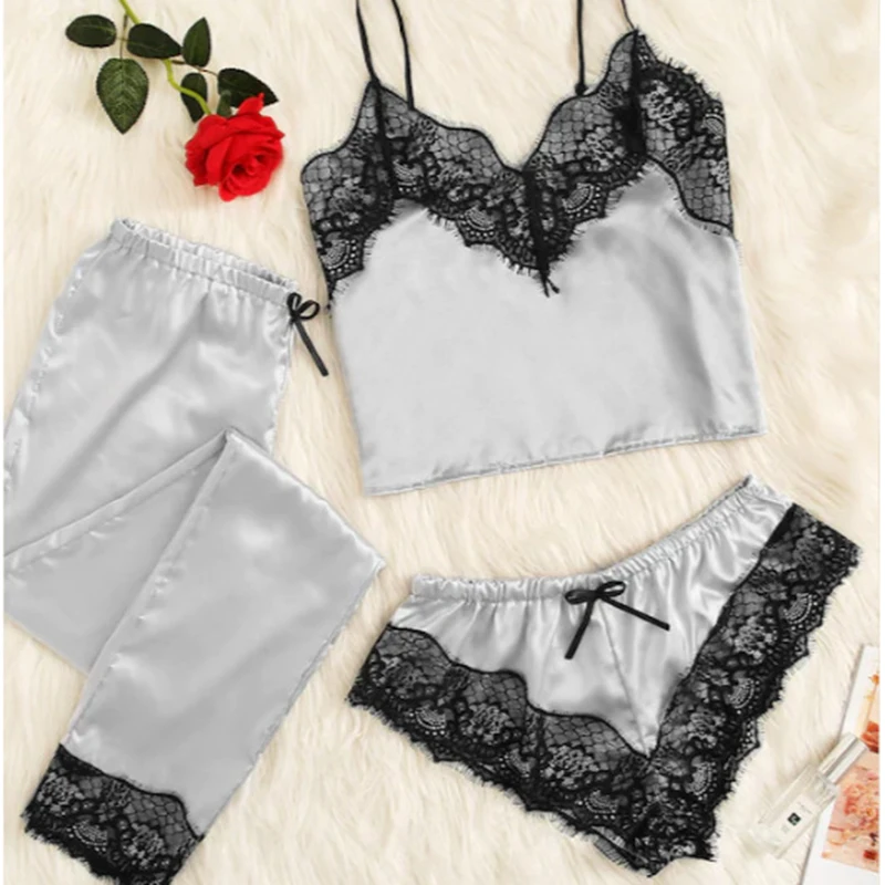 3pcs Women Satin Pyjamas Set Lace Sleepwear Homewear Nightwear Female Outfits