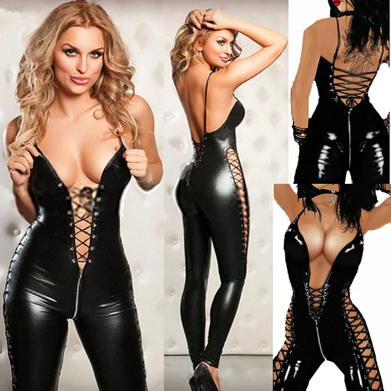 

Women Sexy Catsuit PU Leather Ladies Sexy Bodysuit Costume Erotic Front to After Clubwear Jumpsuits