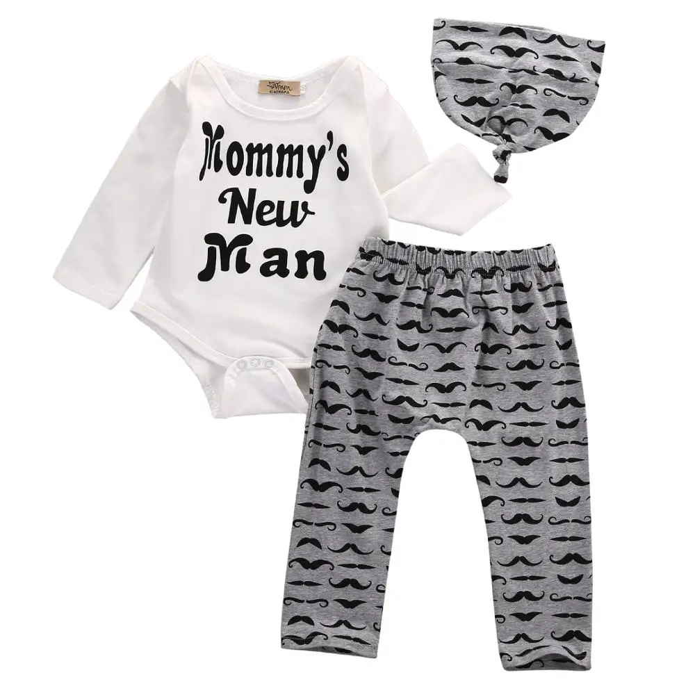 

Cute Infant Baby Boy Clothes Sets 2020 Summer Lovely Mommy's New Man Mustache Print Bodysuit Tops+Long Pants+Hat Outfits A0029