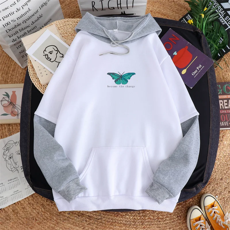 

Fall Winter Women Hit Color Patchwork Hoodies Green Butterfly Become The Change Print Korean Fashion Harajuku Fleece Sweatshirt