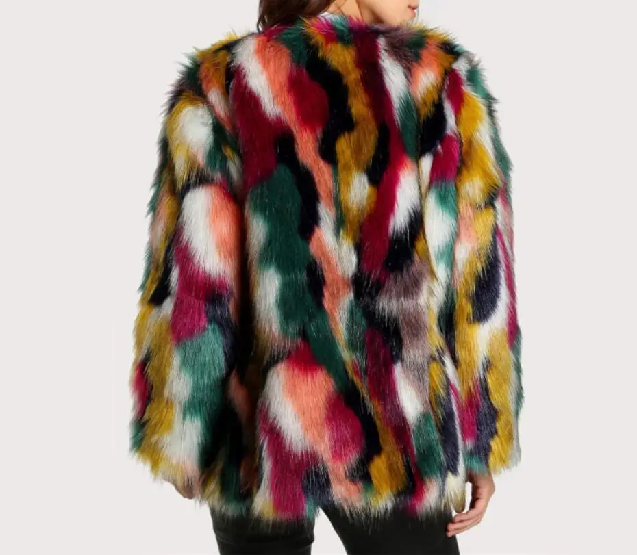 Fashion Contrast Multi color Faux Fur Coat Long Hairy Shaggy Outwear Women Autumn Winter Short Jacket Coat Tops