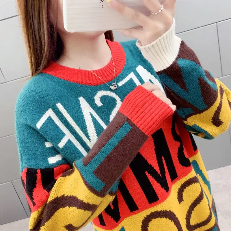 

Женский Длинный свитер с буквенным принтом, свободный трикотажный джемпер с длинными рукавами, модель f2318 на осень и зиму, 2019