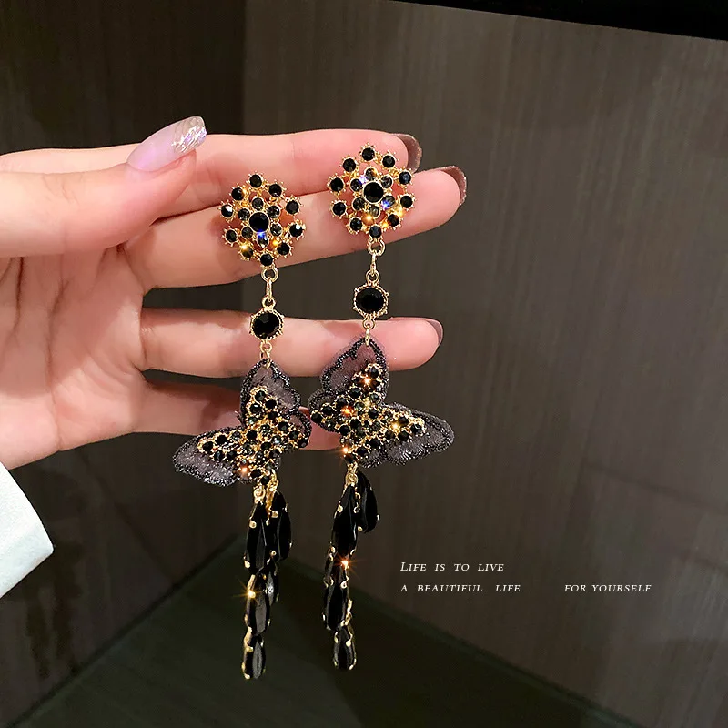 

Diablo Crystal Black Butterfly Tassel Earrings Long For Women 2021 New Stylish Ear Drop Female Jewelry Luxury Gifts