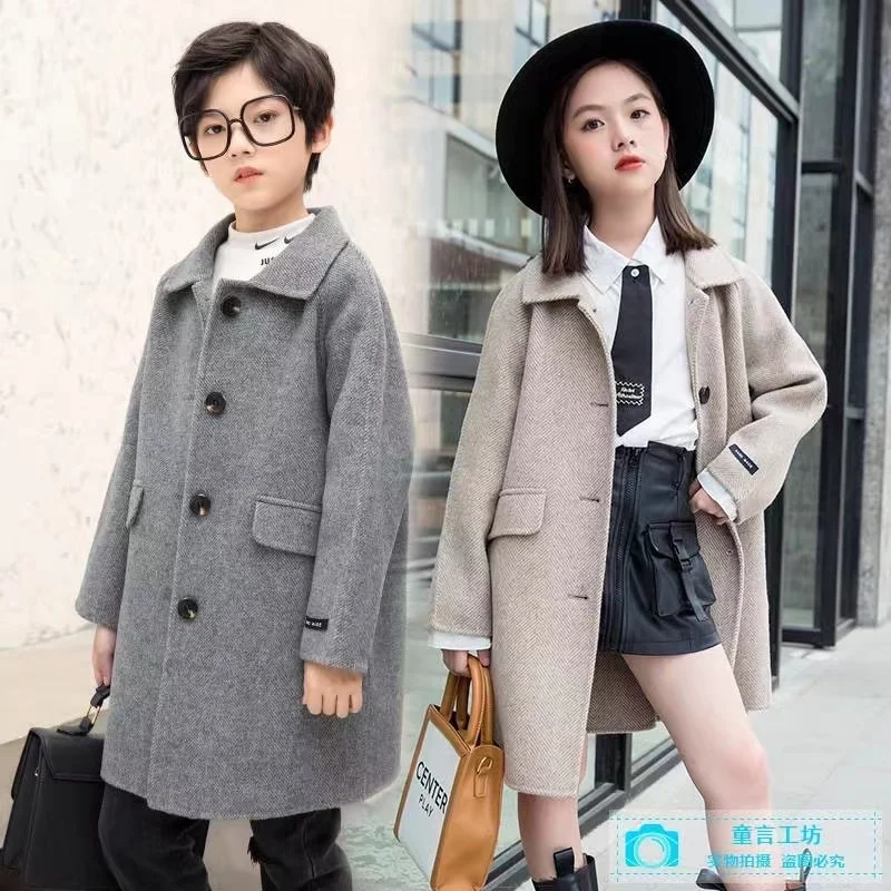

2021 Children Woolen Coat Winter Cotton padded Thick Warm Fashion Kids Girl Clothes Jacket Boy Cool TeensTrench Coat