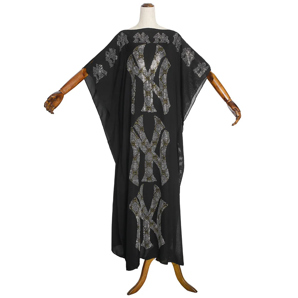 

African Dress African Women's 2020 Hot-Selling Black Single Rhinestone Horizontal Neck Bat Sleeve Commuter Dress Femme Robe