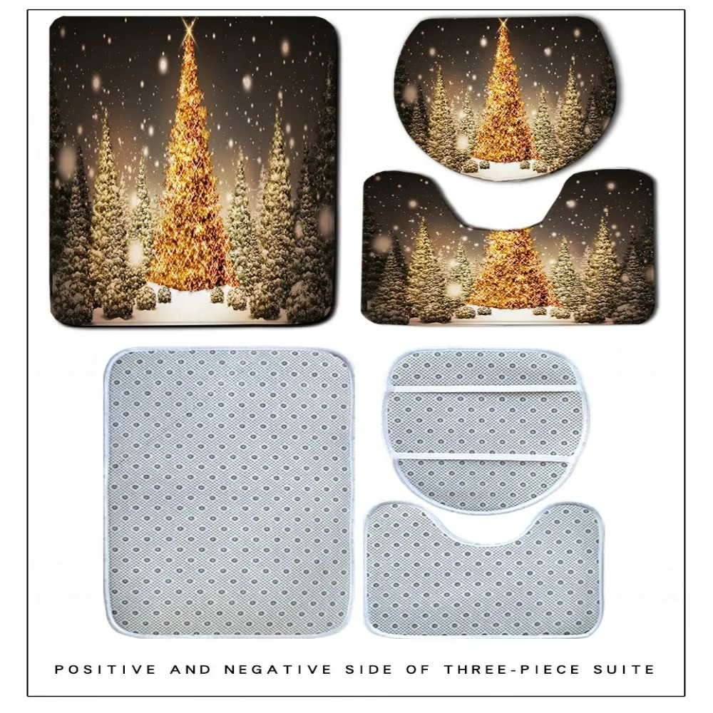 Offerte 3/4 Pezzi Set Di Tende Da Doccia Per Alberi Di Natale Tappeti Di Buon Natale Stampa 3D Tappetino Da Bagno Per Cartoni Animati Set Da Bagno In Poliestere Color Oro
