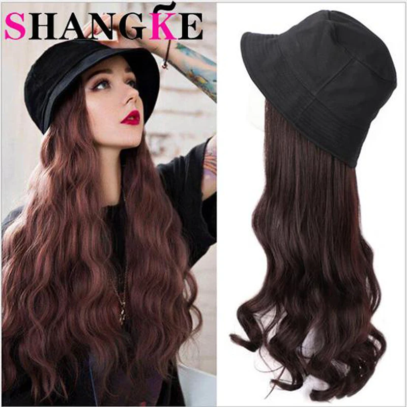 

JINKAILI Long Synthetic Baseball Cap Hair Wig Natural Black/ Brown Wave Wigs Naturally Connect Hat Wig Adjustable