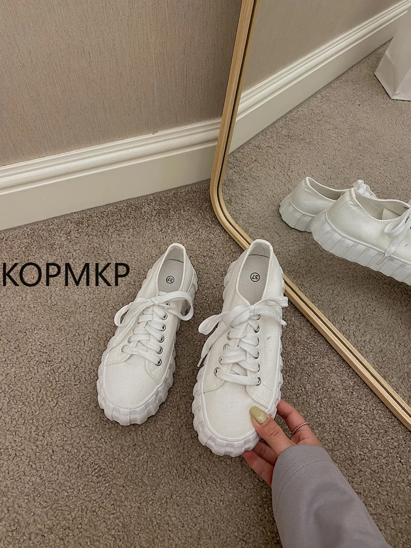 

Platform Sneakers Women's Vulcanized Shoes 2021 New Casual Canvas Shoes White Black Walking Flat Shoes with Laces
