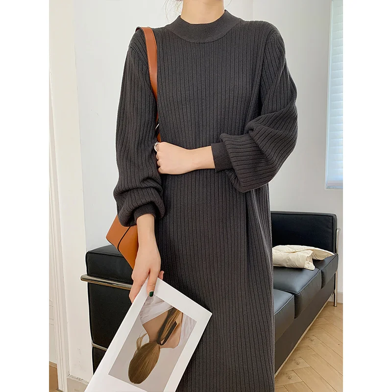 

2021 autumn women's solid color round neck long sleeve knitted skirt Medium Black Slim temperament loose dress 0194