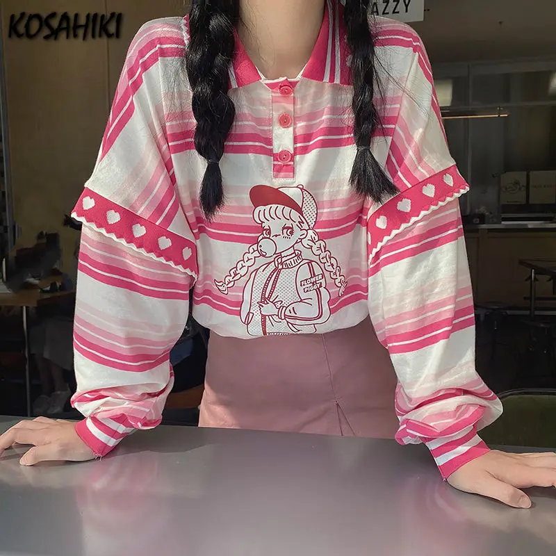 

Koshiki Kawaii, женская модная футболка в полоску с мультяшным принтом, женские милые топы с длинным рукавом, Свободные повседневные футболки с гр...